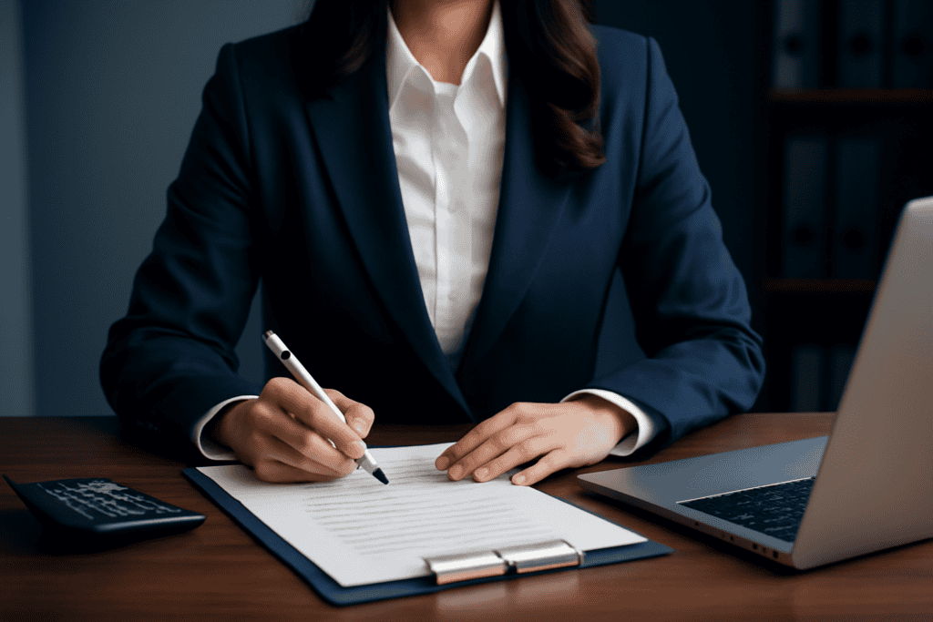 Professional tax specialist reviewing financial documents for clients.