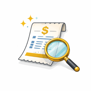 Transparent tax pricing icon with receipt and magnifying glass